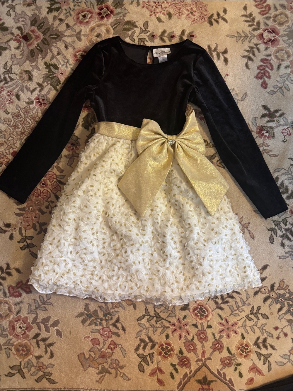 Rare Editions Black Velvet Top Ivory Floral Lace Skirt with Gold Bow
